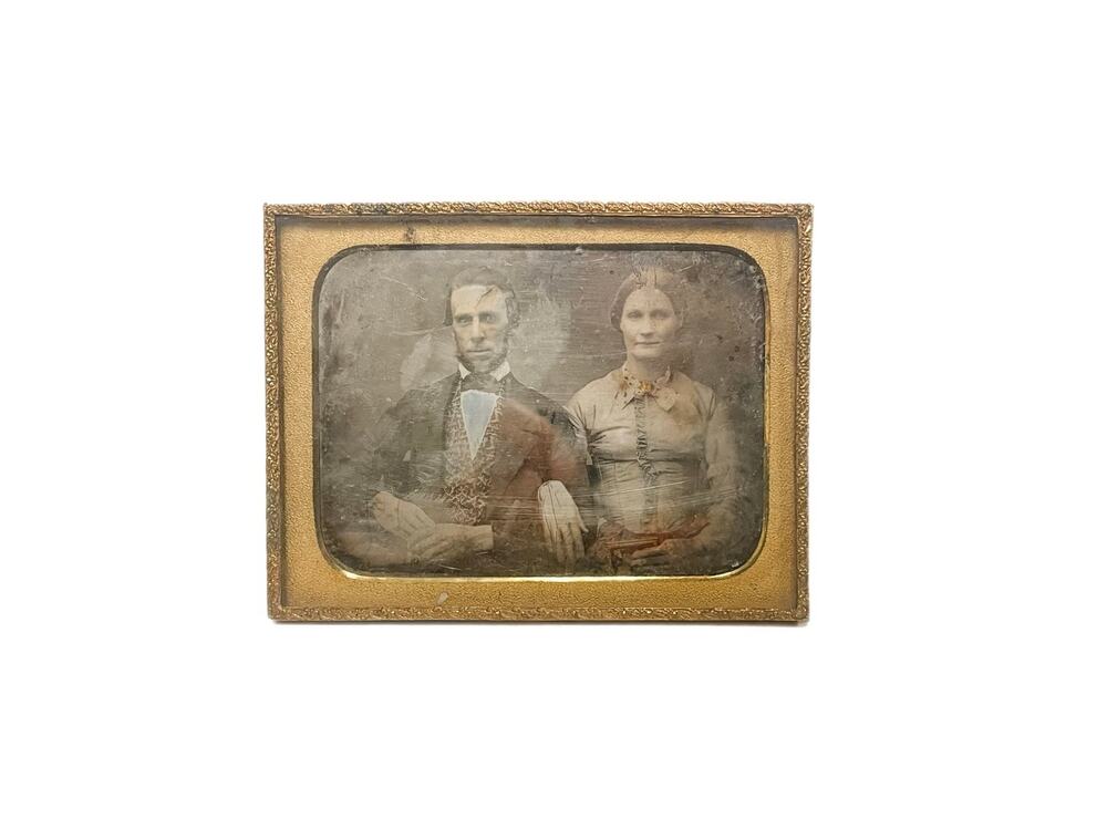 Antique 1850s Cased Daguerreotype Portrait Man & Woman Couple Brass Mat Photo